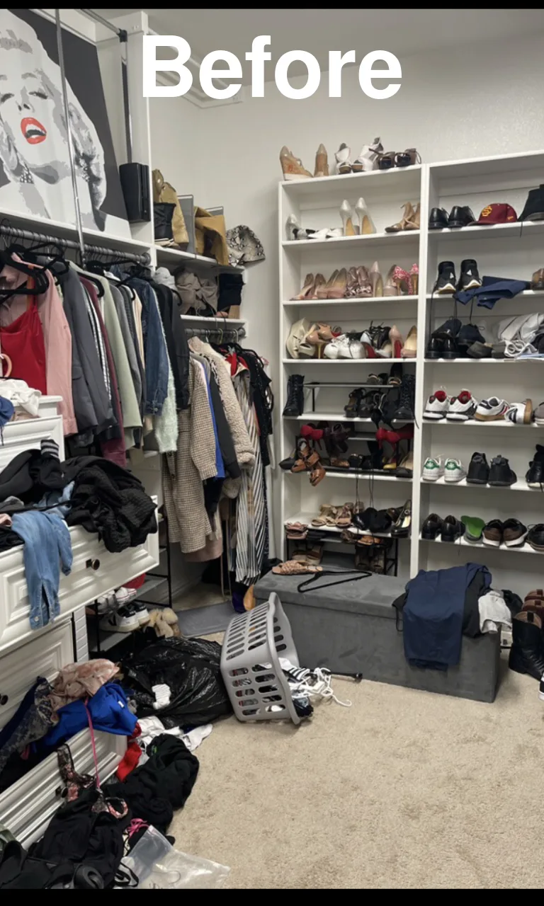 Dark wood closet system with shoes, clothes, and purses before and after - Before