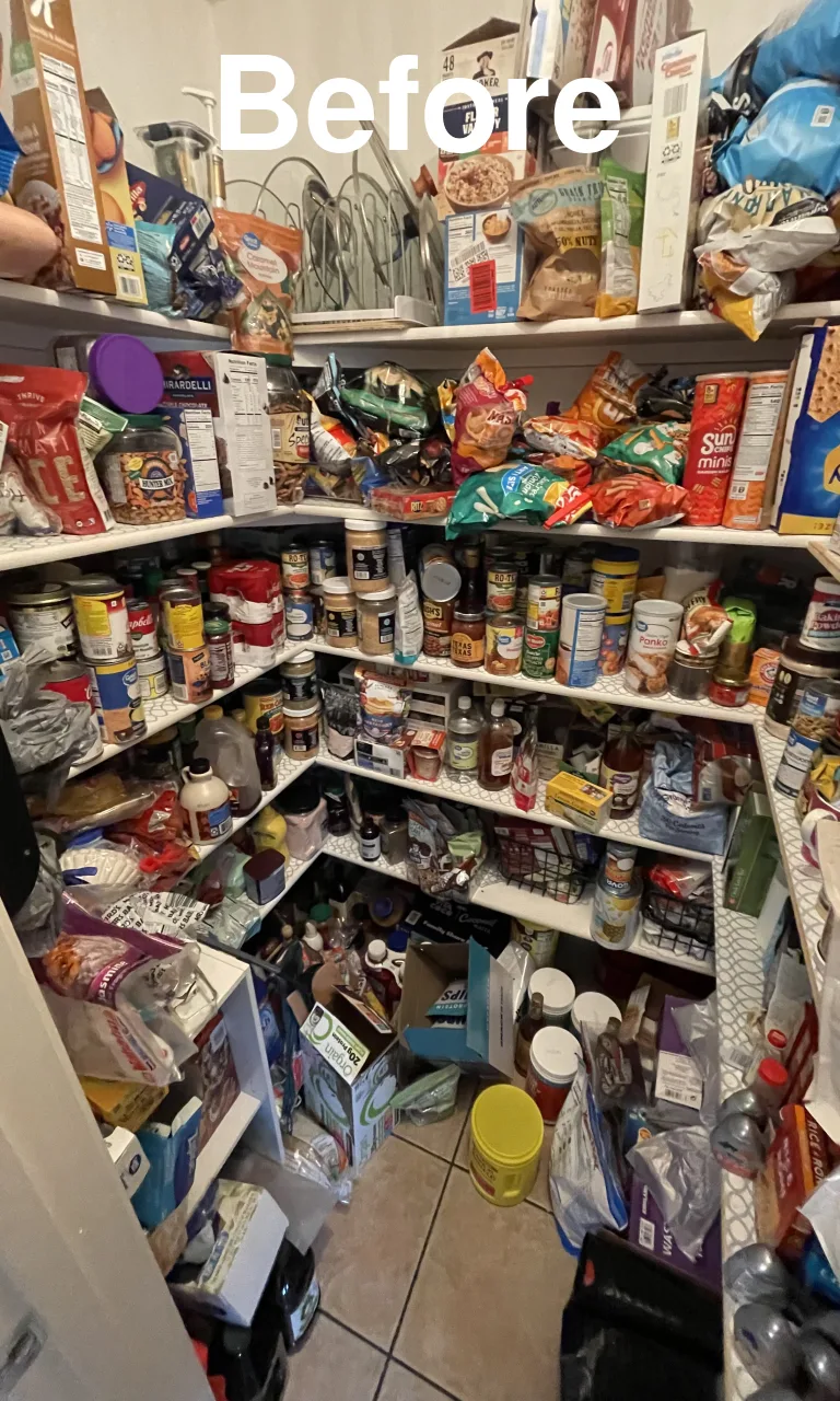 Walk-in pantry with labeled bins and categorized food before and after - Before