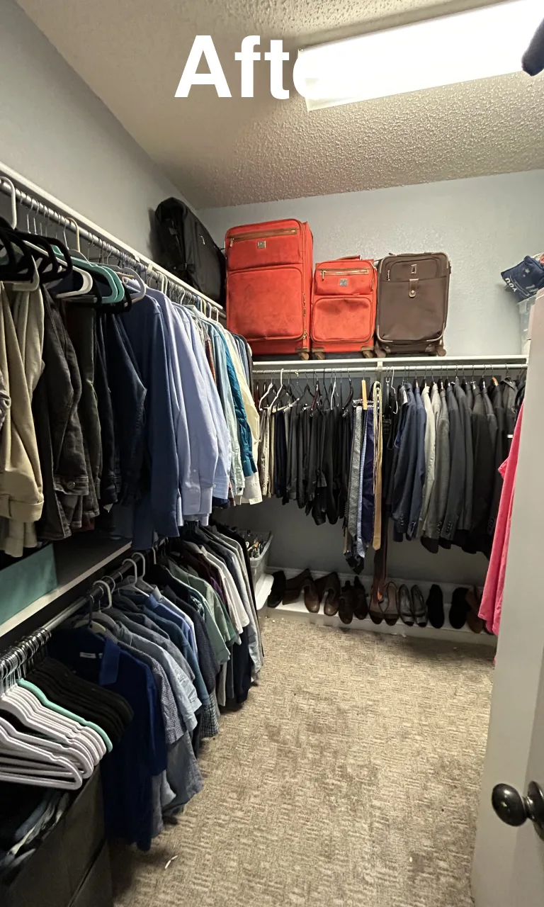 Walk-in closet with double-hung rods and luggage shelf before and after - After