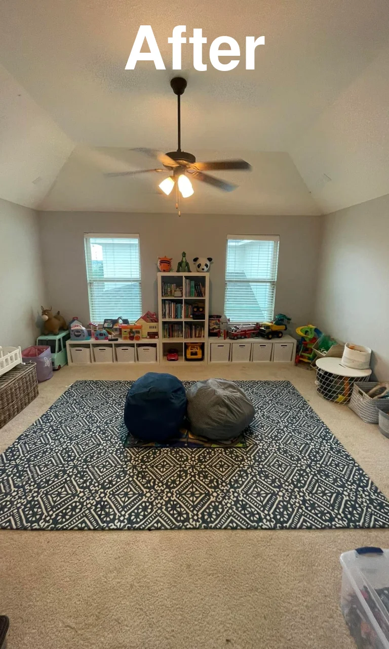 Playroom with organized toy cubbies and beanbags before and after - After