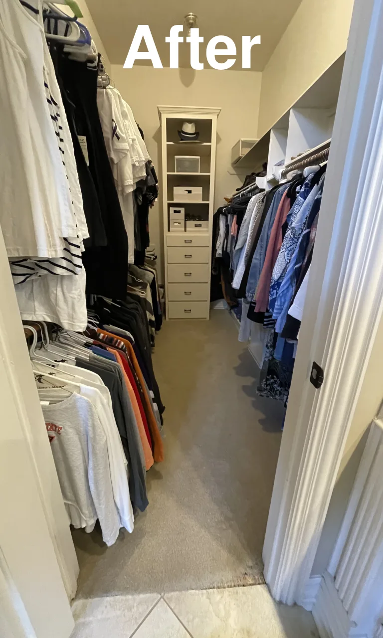 Walk-in closet with categorized clothing and center shelving before and after - After