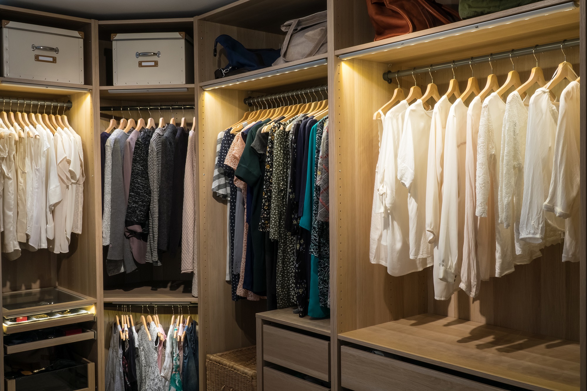 Tidy closet with hanging clothes